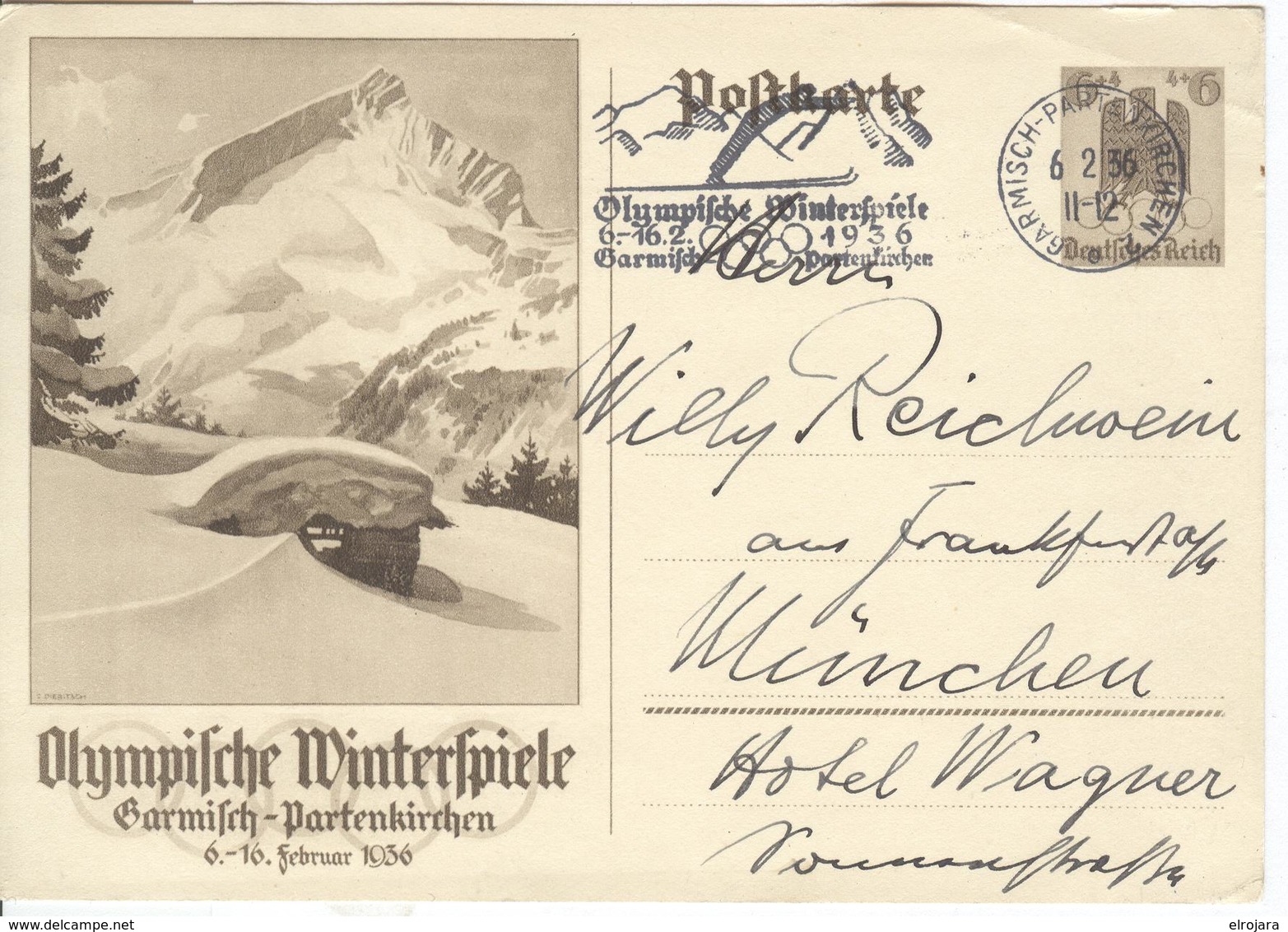 GERMANY Olympic Stationery With Olympic Single Ring Machine Cancel Garmisch-Partenkirchen 6.2.36 Opening Day - Inverno1936: Garmisch-Partenkirchen