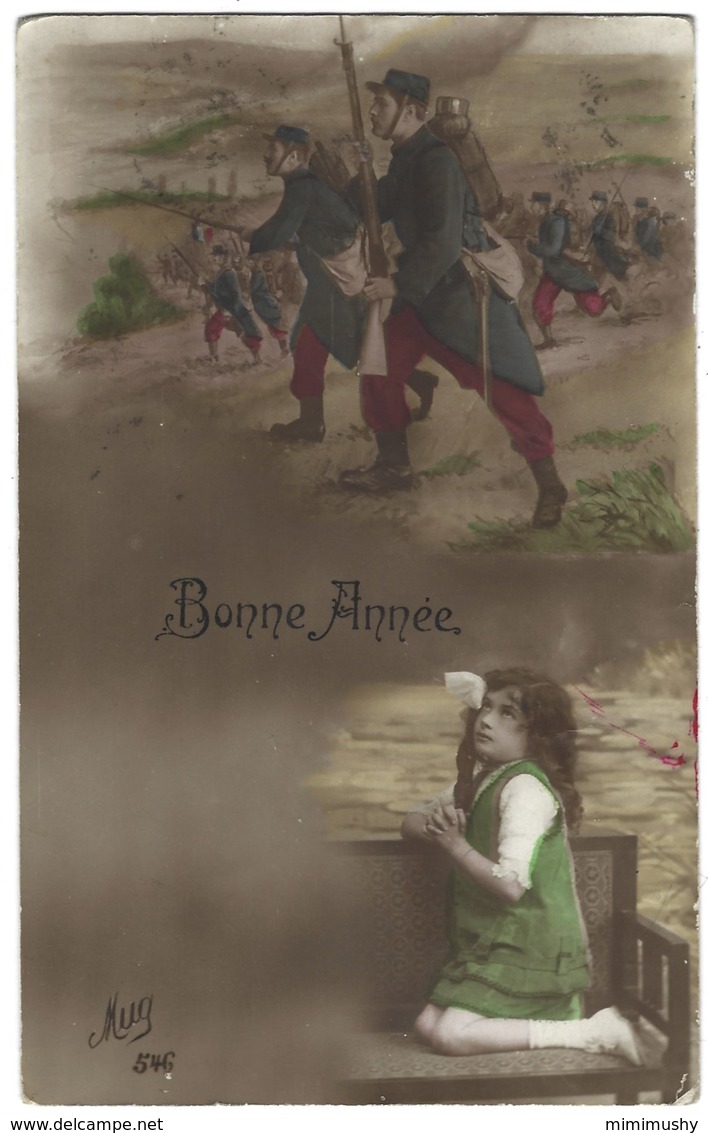 Carte Bonne Année 1915 - Patriotique - Soldats Au Front Et Petite Fille En Prière - Guerre 14-18. - Guerre 1914-18