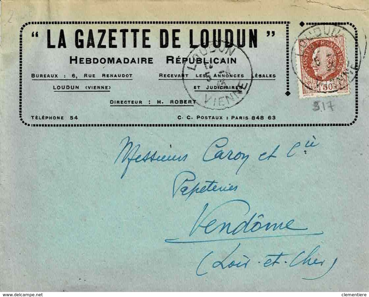 TP N° 517 Seul Sur Enveloppe De La Gazette De Loudun Pour Vendome - 1941-42 Pétain
