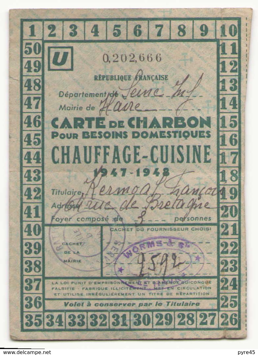 Carte De Charbon Pour Besoins Domestiques 1947-1948 Au Havre - Documents