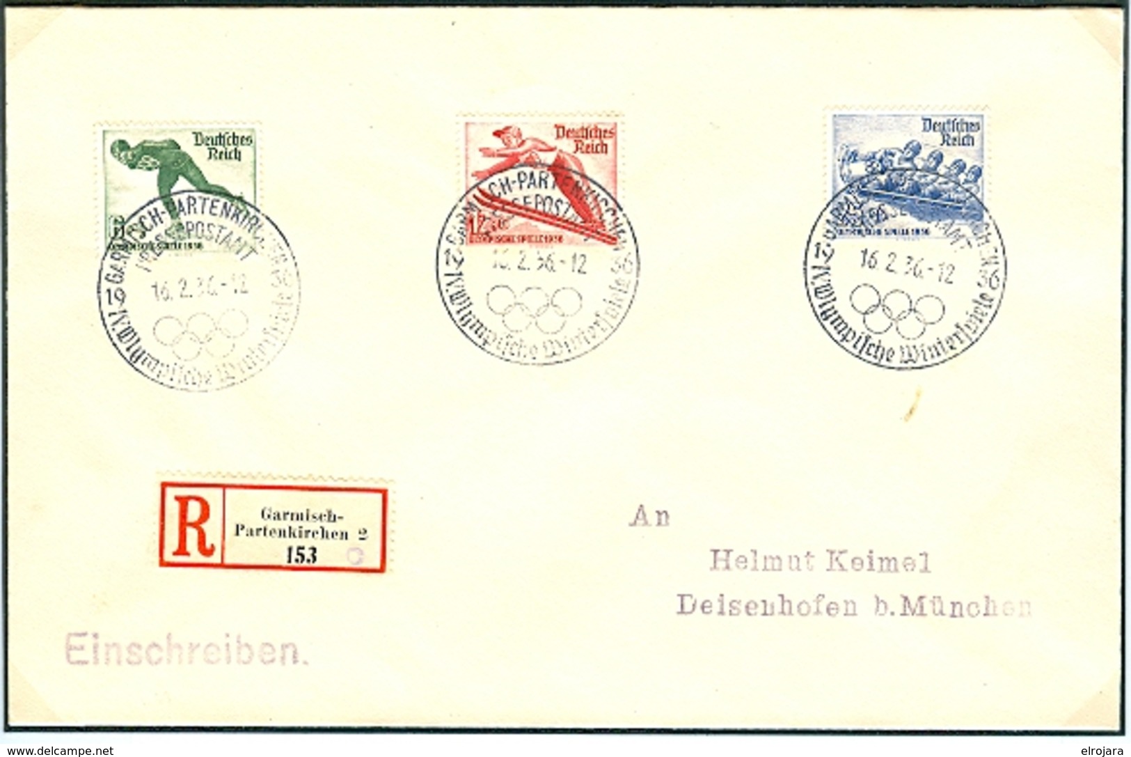 GERMANY Reg. Letter With The Complete Set With R Label With Little C Olympic Cancel Pressepostamt Closing Day 16.2.36 12 - Winter 1936: Garmisch-Partenkirchen