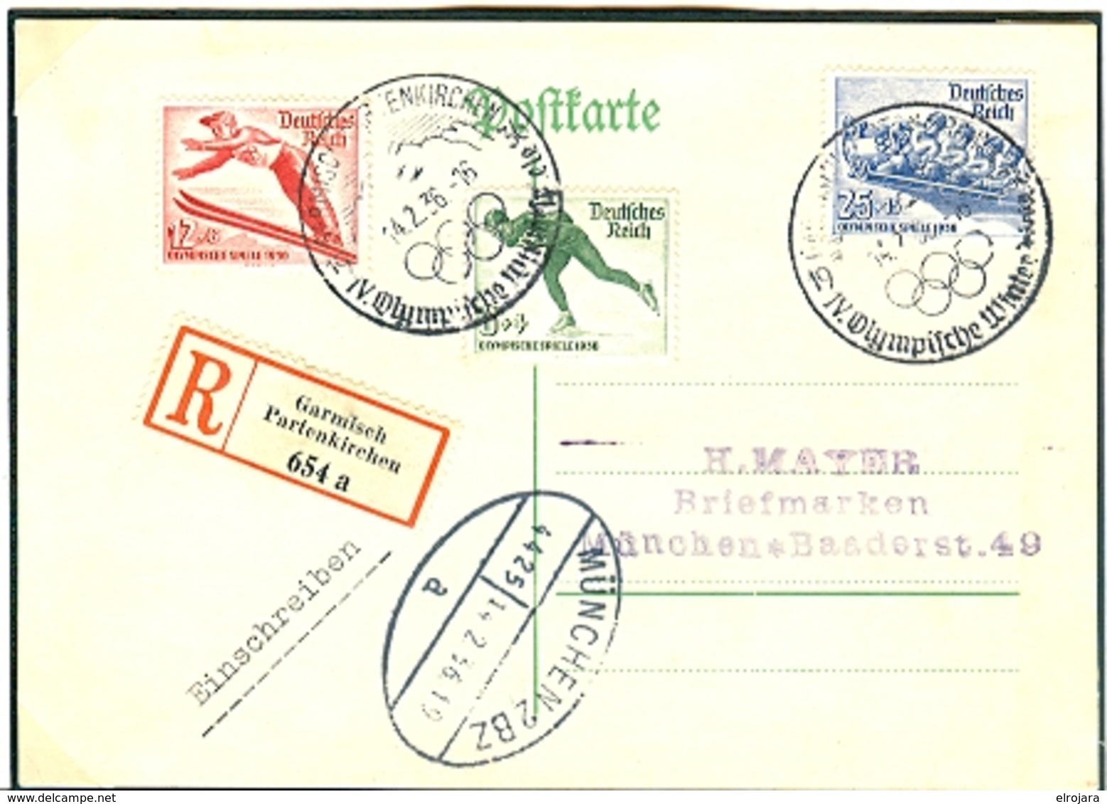 GERMANY Registered Card With The Complete Set With Olympic Handcancel Of 14.2.36 16 - Winter 1936: Garmisch-Partenkirchen