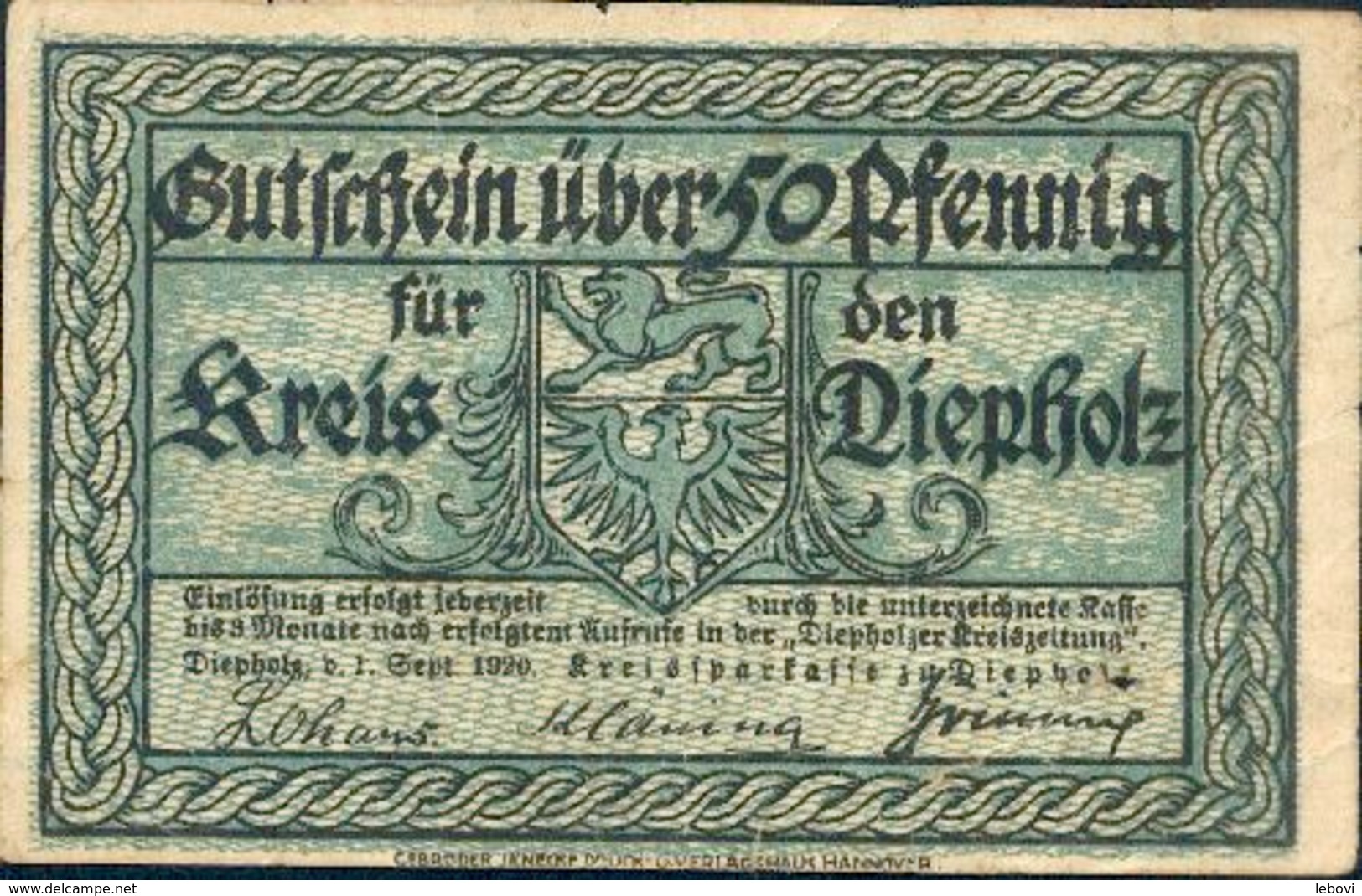 ALLEMAGNE – Kreis DIEPHOLZ - Billet De Nécessité De 50 Pfennig – 01/09/1920 - [11] Emissions Locales