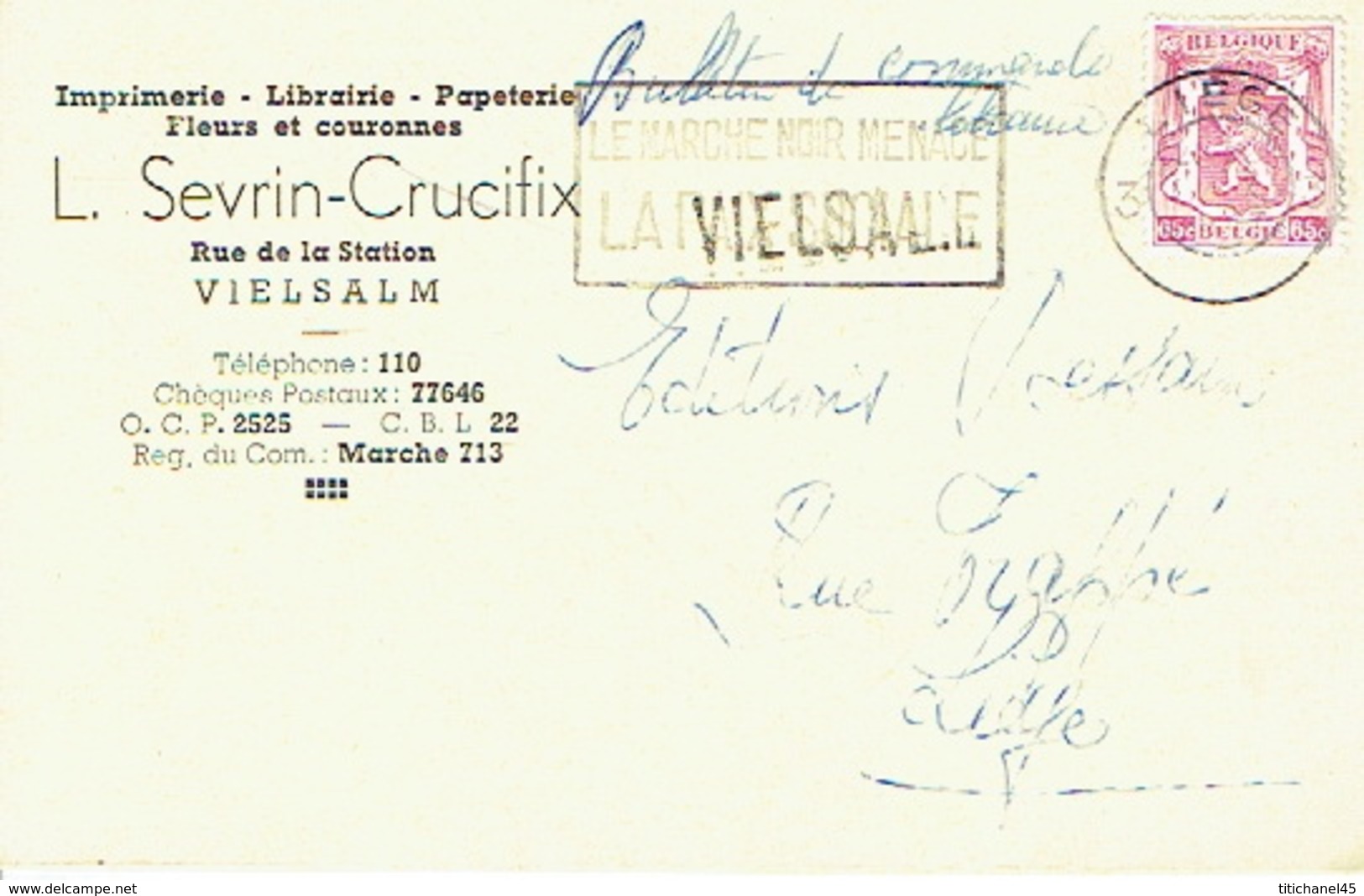 CP Publicitaire VIELSALM 1947 - L. SEVRIN-CRUCIFIX - Imprimerie-Librairie-Papeterie - Griffe Linéaire De VIELSALM - Vielsalm