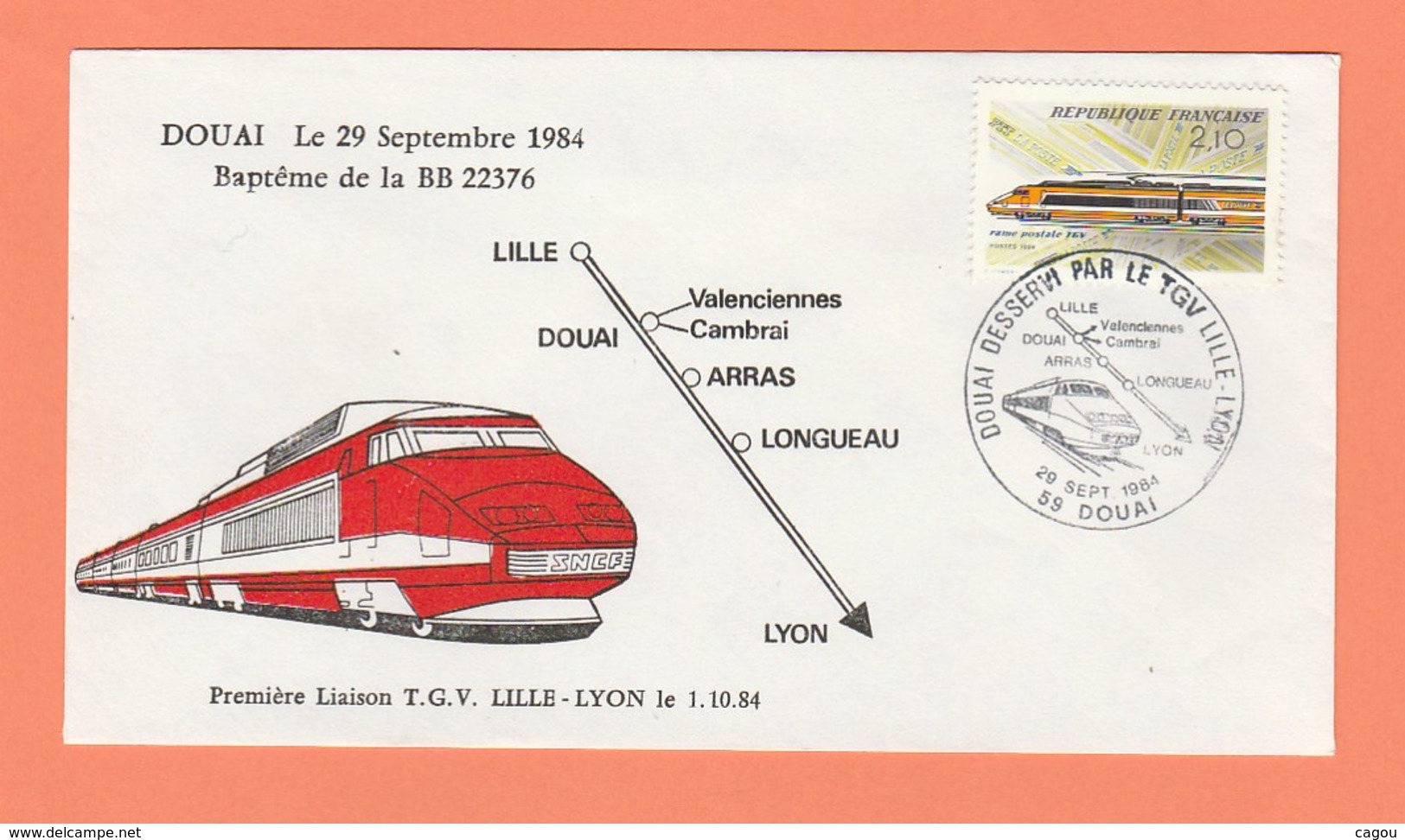 CACHET DOUAI DESSERVI PAR LE TGV LILLE-LYON - 59 DOUAI 29 SEPTEMBRE 1984 SUR ENVELOPPE - Cachets Provisoires