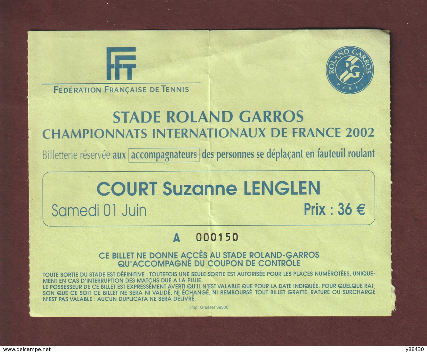 Ticket Original D'entrée - TENNIS Le 01 Juin 2002 - Court Suzanne Lenglen Au Stade ROLAND GARROS à PARIS  - Face & Dos - Biglietti D'ingresso