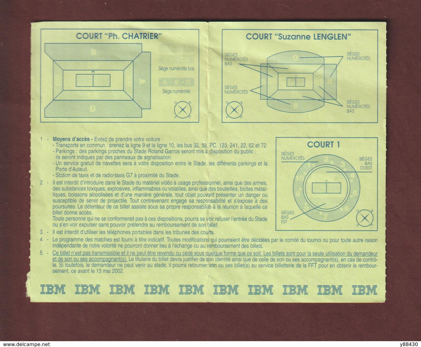 Ticket Original D'entrée - TENNIS Le 01 Juin 2002 - Court Suzanne Lenglen Au Stade ROLAND GARROS à PARIS  - Face & Dos - Biglietti D'ingresso