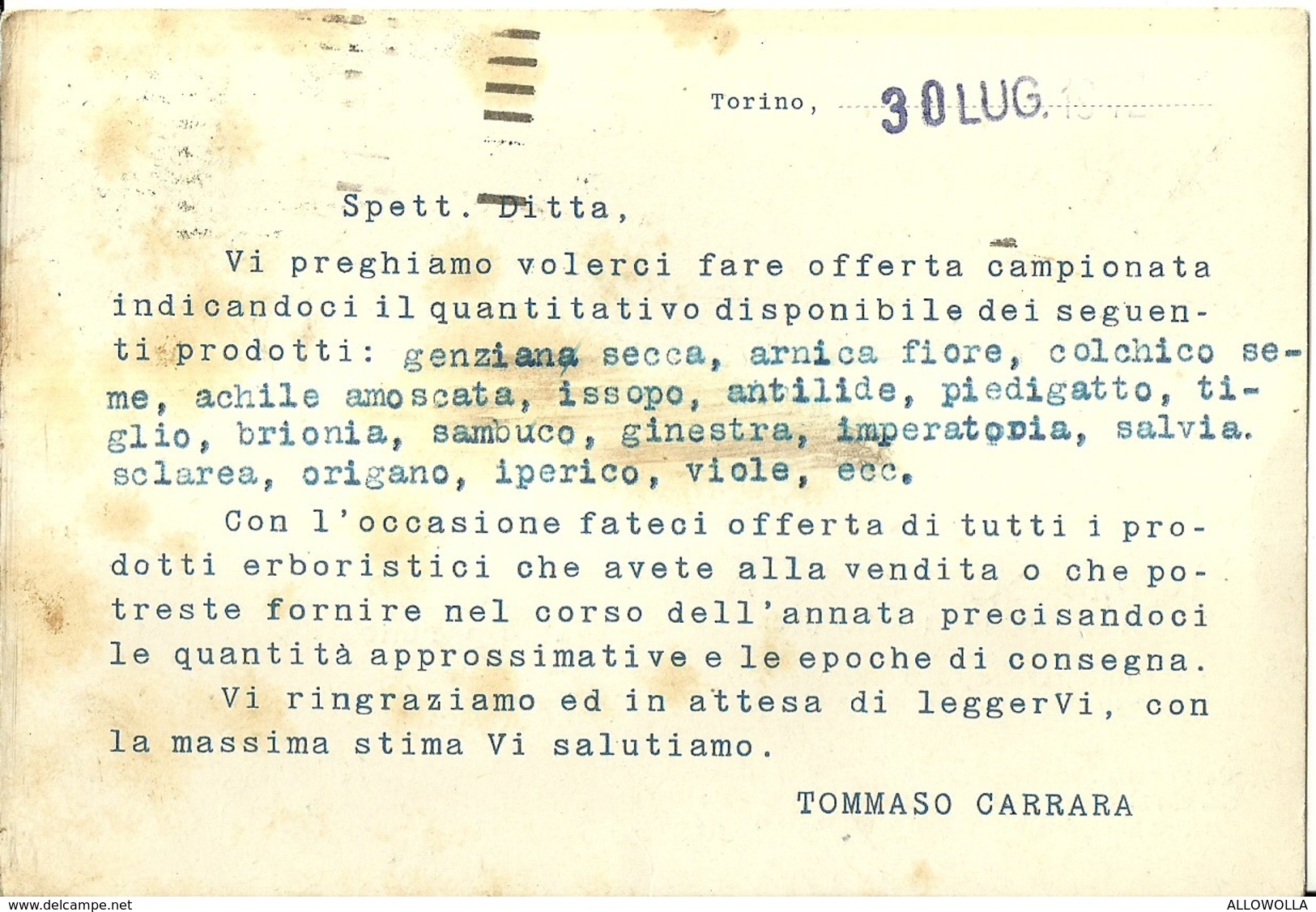 1711 " TOMMASO CARRARA-TORINO-IMP/ESP. PIANTE AROMATICHE,MEDICINALI E DROGHE "CART. POST. ORIG. SPED. - Negozi