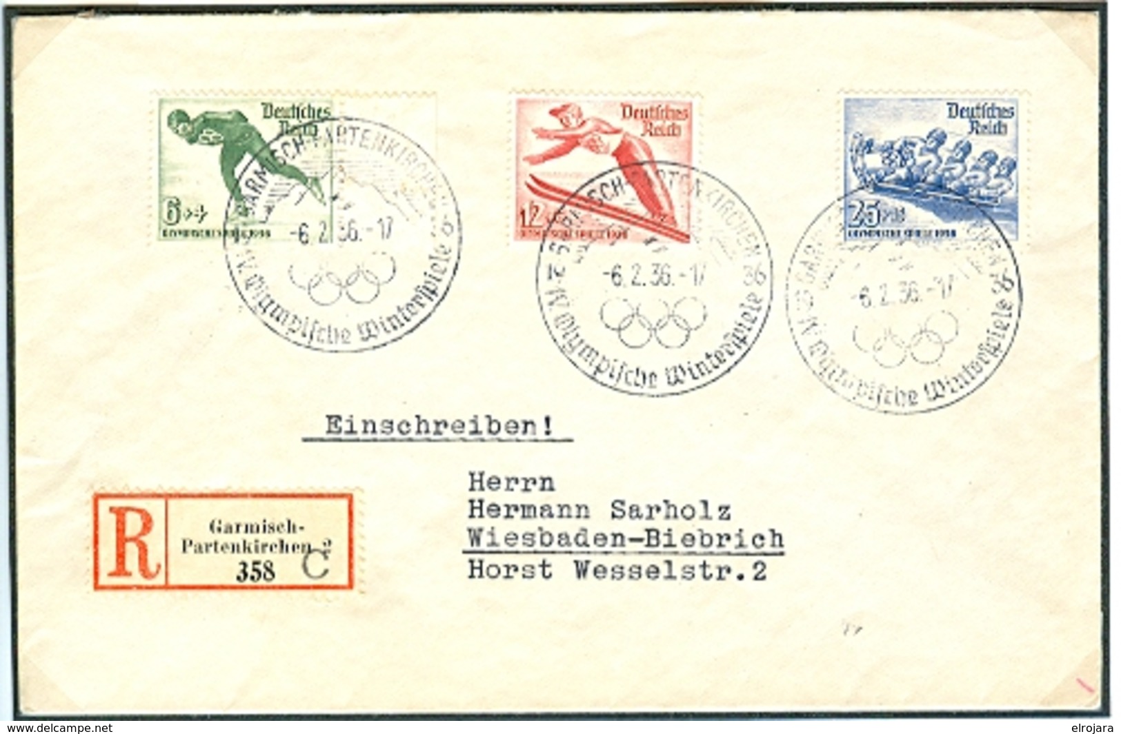 GERMANY Registered Letter With The Complete Set With R Label With C And Olympic Cancel Of The Opening Day 6.2.36 17 - Winter 1936: Garmisch-Partenkirchen