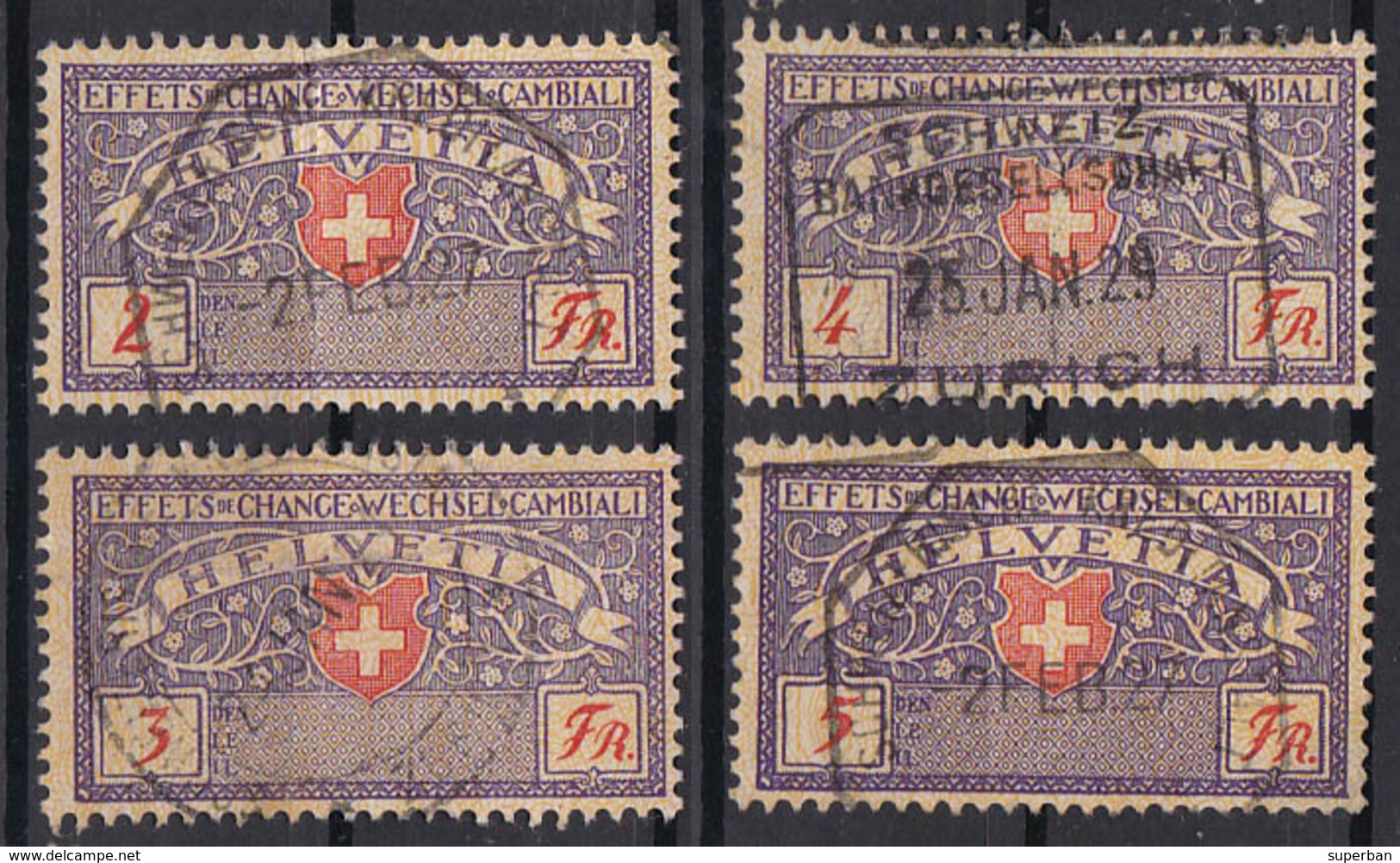 HELVETIA : 4 TIMBRES OBLITÉRÉS / 4 USED STAMPS : EFFETS DE CHANGE / WECHSEL / CAMBIALI : 2 / 3 / 4 / 5 Fr.  (aa109) - Fiscaux