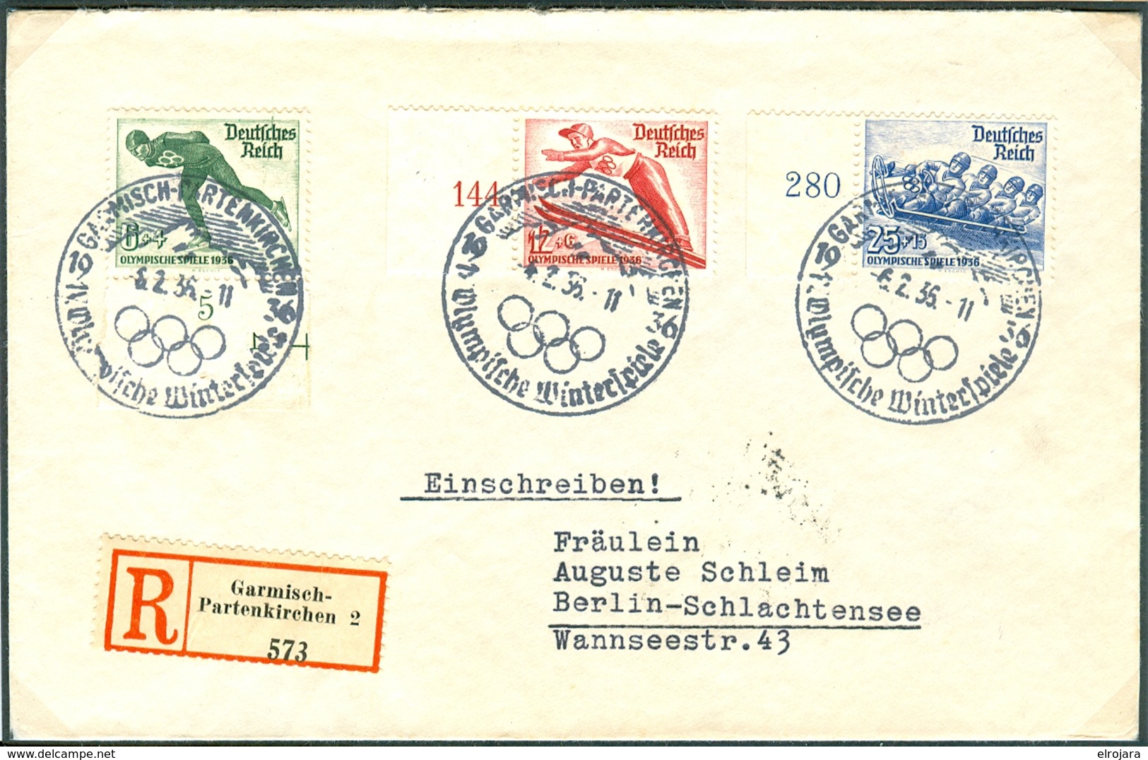 GERMANY Registered Letter With The Complete Set And Olympic Cancel Of The Opening Day 6.2.36 11 - Winter 1936: Garmisch-Partenkirchen