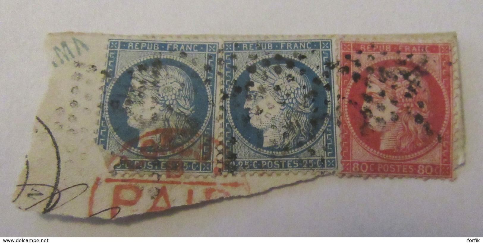 3 Timbres Cérès 25c Et 80c YT N°57 Et 60A Sur Fragment - Oblitération Etoile + Cachet Rouge - 1871-1875 Cérès