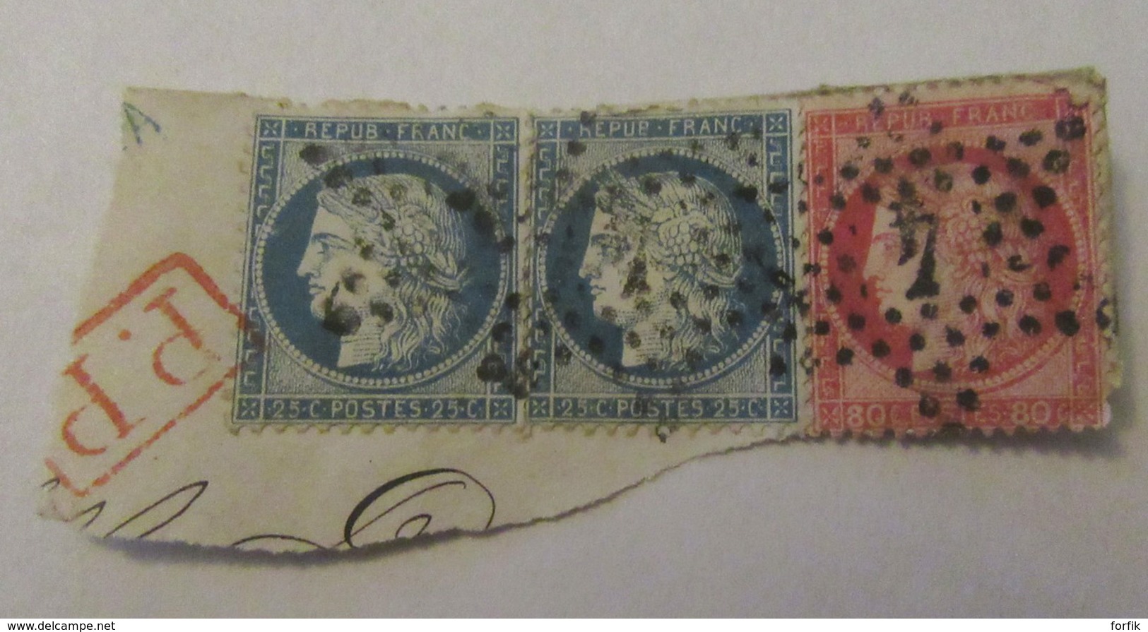 3 Timbres Cérès 25c Et 80c YT N°57 Et 60A Sur Fragment - Oblitération Etoile Chiffrée 4 Rue Enghien + Cachet Rouge PP - 1871-1875 Cérès