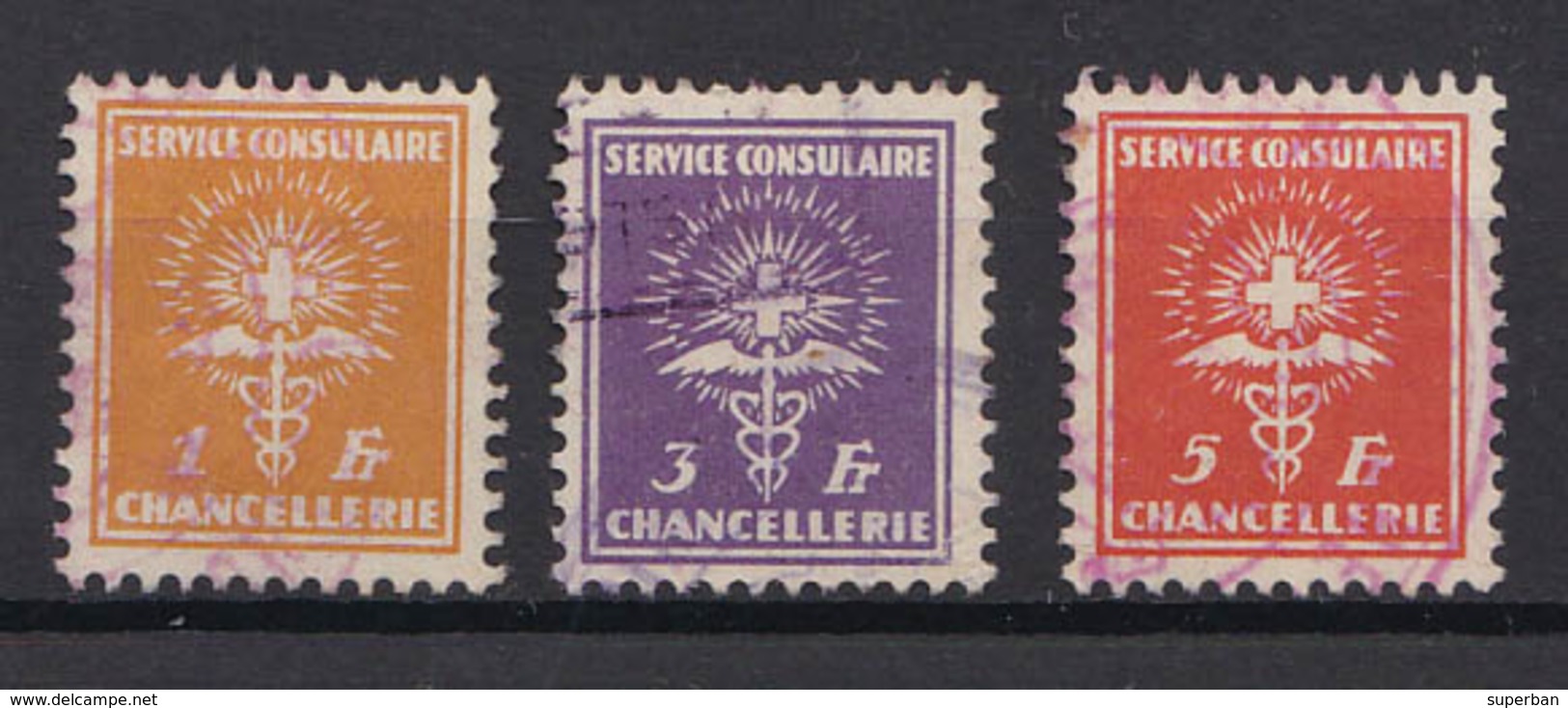 HELVETIA : 3 TIMBRES OBLITÉRÉS / 3 USED STAMPS : SERVICE CONSULAIRE : 1 Fr. / 3 Fr. / 5 Fr. (aa112) - Fiscaux