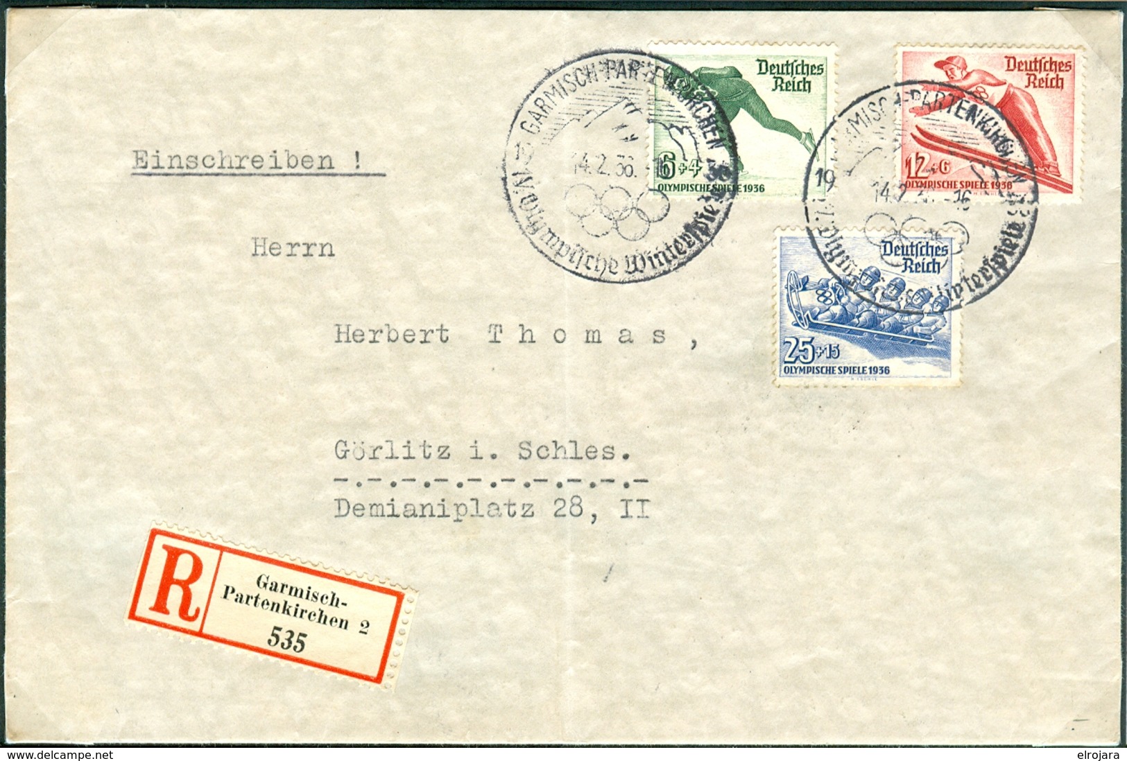 GERMANY Registered Letter With The Complete Set And Olympic Cancel Of The 14.2.36 16 During The Games - Invierno 1936: Garmisch-Partenkirchen