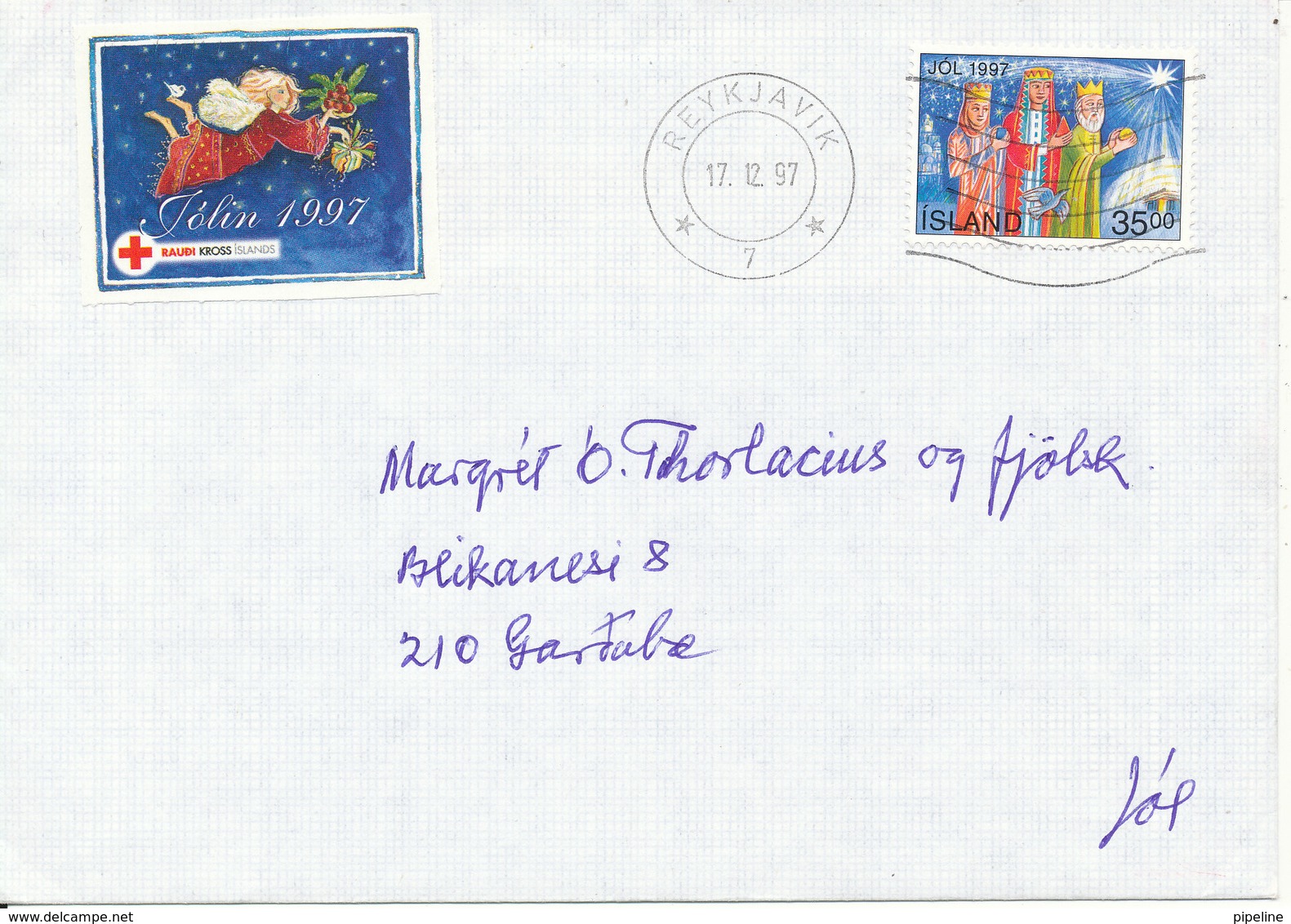 Iceland Cover Reykjavik 17-12-1997 Single Franked + Christmas Seal (the Flap On The Backside Of The Cover Is Missing) - Storia Postale