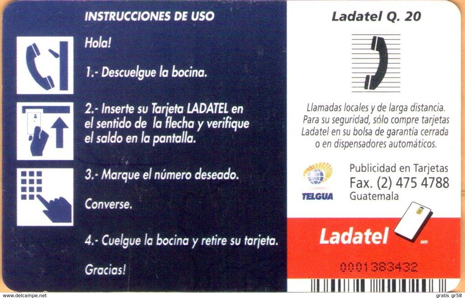 Guatemala - GT-TLG-0005, Telgua - Ladatel, Black Panther, GEM5 (Black), 20Q, 1999, Used - Guatemala