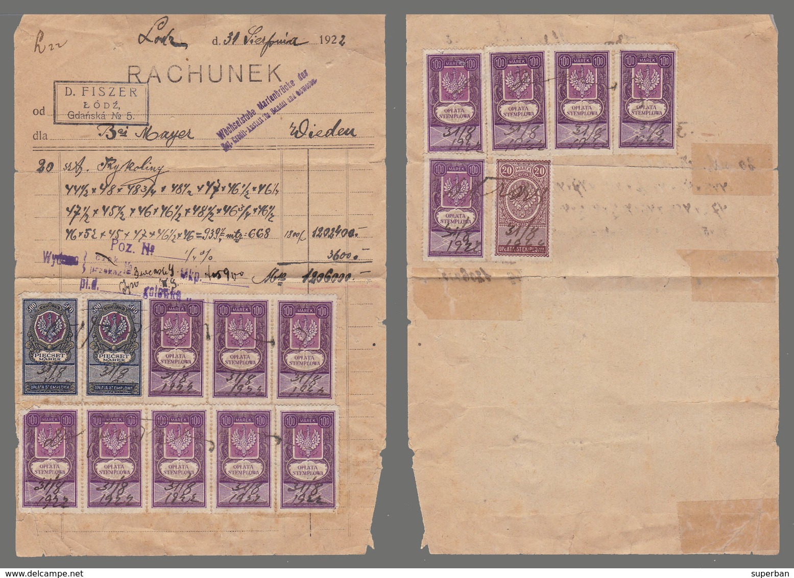 RACHUNEK - 1922 / DOCUMENT Avec 16 TIMBRES / DOCUMENT With 16 STAMPS : OPLATA STEMPLOWA - 100 MAREK / 500 MAREK (aa115) - Fiscaux