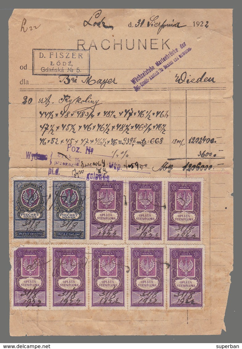 RACHUNEK - 1922 / DOCUMENT Avec 16 TIMBRES / DOCUMENT With 16 STAMPS : OPLATA STEMPLOWA - 100 MAREK / 500 MAREK (aa115) - Fiscaux