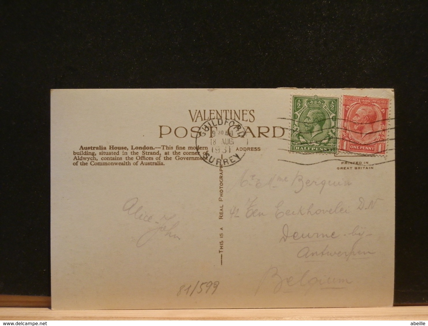 81/599  CP AUSTRALIA  1931 POUR LA BELG. - Lettres & Documents