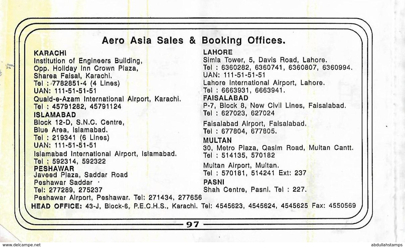 AERO ASIA (PAKISTAN PRIVATE AIRLINE) PASSENGER TICKET KARACHI-PESHAWAR,TITLE PRINTED  PAKISTAN GOLDEN JUBILEE MONOGRAM). - Tickets