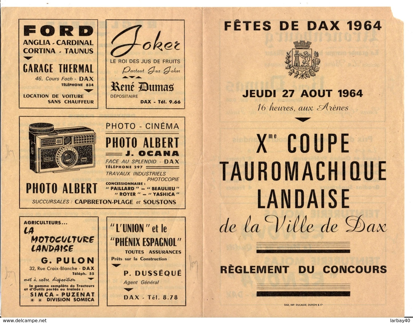 Règlement 21 X 13,5 Cm  Coupe Tauromachique Landaise Fêtes De Dax 1964 - Afiches