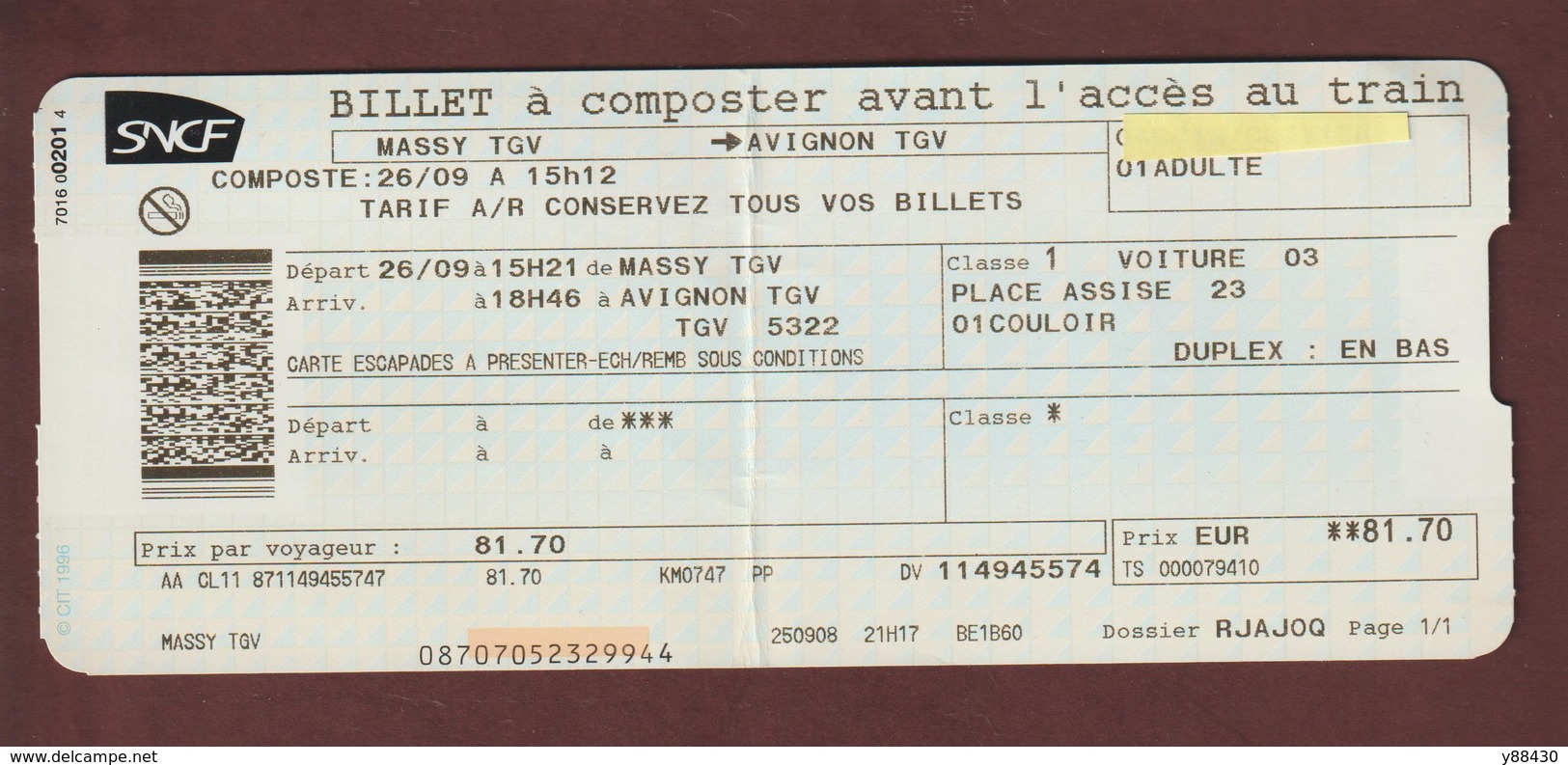 2 BILLETS DE TRAIN - SNCF - TGV - Aller/retour = MASSY PALAISEAU / AVIGNON / MASSY PALAISEAU / - 3 Scannes - Europe