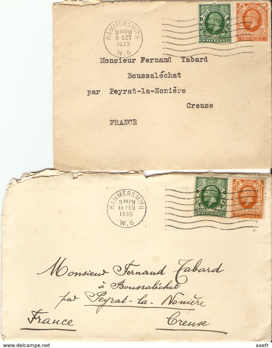 Grande-Bretagne à France 1935/36 - 5 Lettres De Hammersmith à M. Tabard à Boussaléchat Par Peyrat-la-Nonière - Creuse - Lettres & Documents