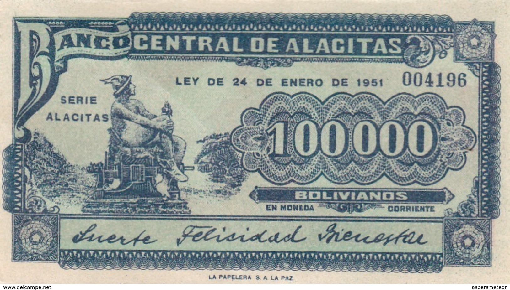 BANCO CENTRAL DE ALCITAS 100 000 BOLIVIANOS AÑO 1951 BILLETE BANKNOTE ORIGINAL- BLEUP - Bolivië