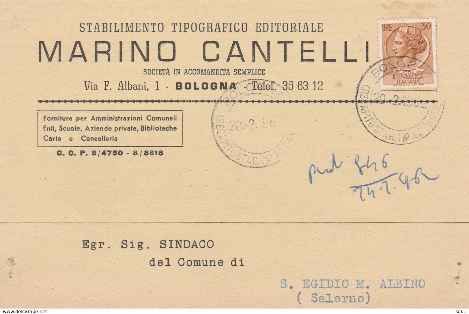 7721.  Cartolina Commerciale Marino Cantelli Bologna Per S. Egidio Del Monte Albino Salerno 1962 - Marcophilie