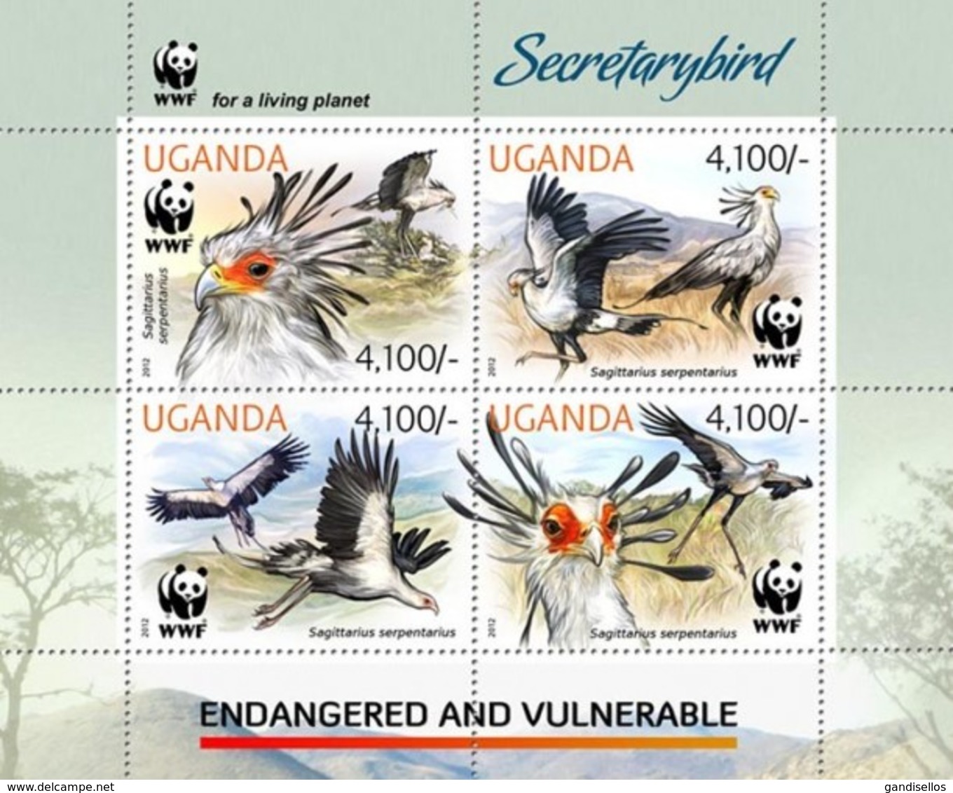 UGANDA 2012 SHEET WWF SECRETARYBIRDS SECRETARY BIRDS OISEAUX ENDANGERED VULNERABLE Ugn12401a - Uganda (1962-...)
