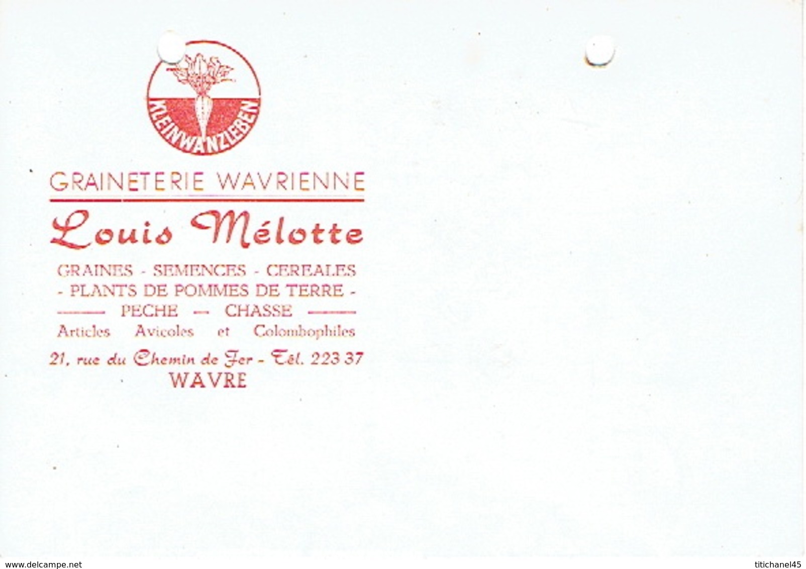 CP Publicitaire WAVRE 1959 - Louis MELOTTE - GRAINETERIE WAVRIENNE - Graines, Semences, Céréales, Pêche, Chasse - Wavre