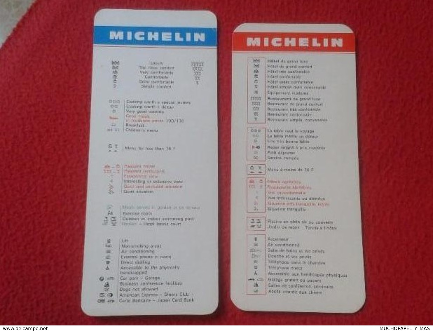 LOTE DE 2 MARCAPÁGINAS BOOK MARK BOOKMARK O SIMIL A IDENTIFICAR, MICHELIN CON SÍMBOLOS IMÁGENES HOTEL RESTAURANTE, VER - Marcapáginas