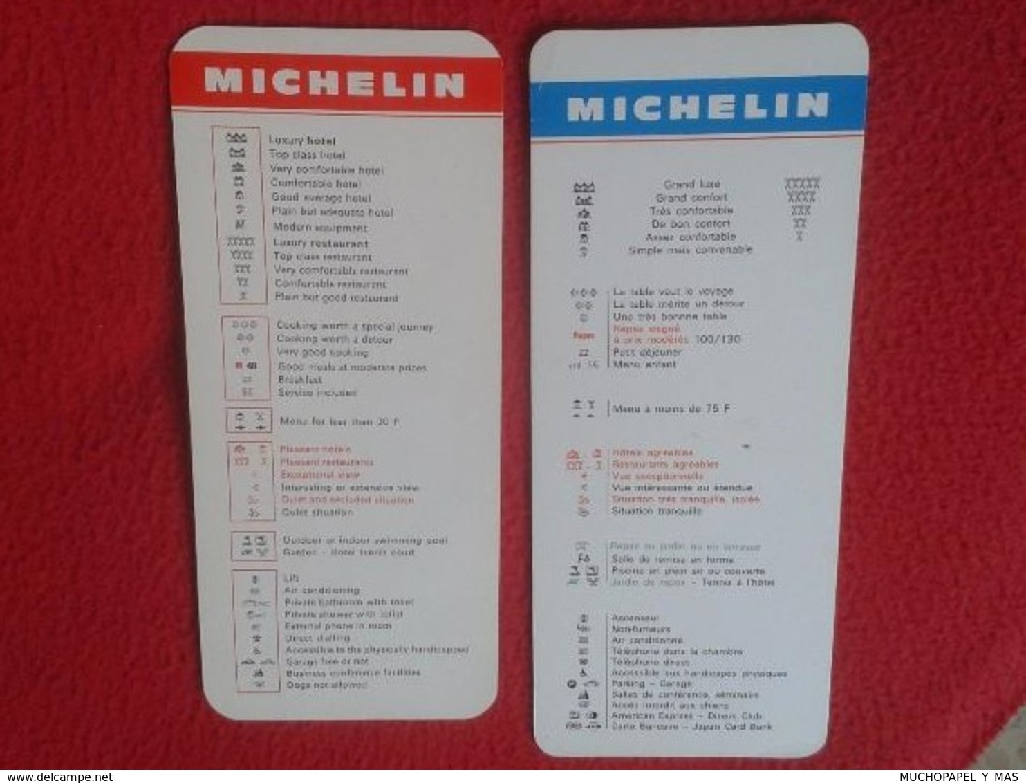 LOTE DE 2 MARCAPÁGINAS BOOK MARK BOOKMARK O SIMIL A IDENTIFICAR, MICHELIN CON SÍMBOLOS IMÁGENES HOTEL RESTAURANTE, VER - Marcapáginas