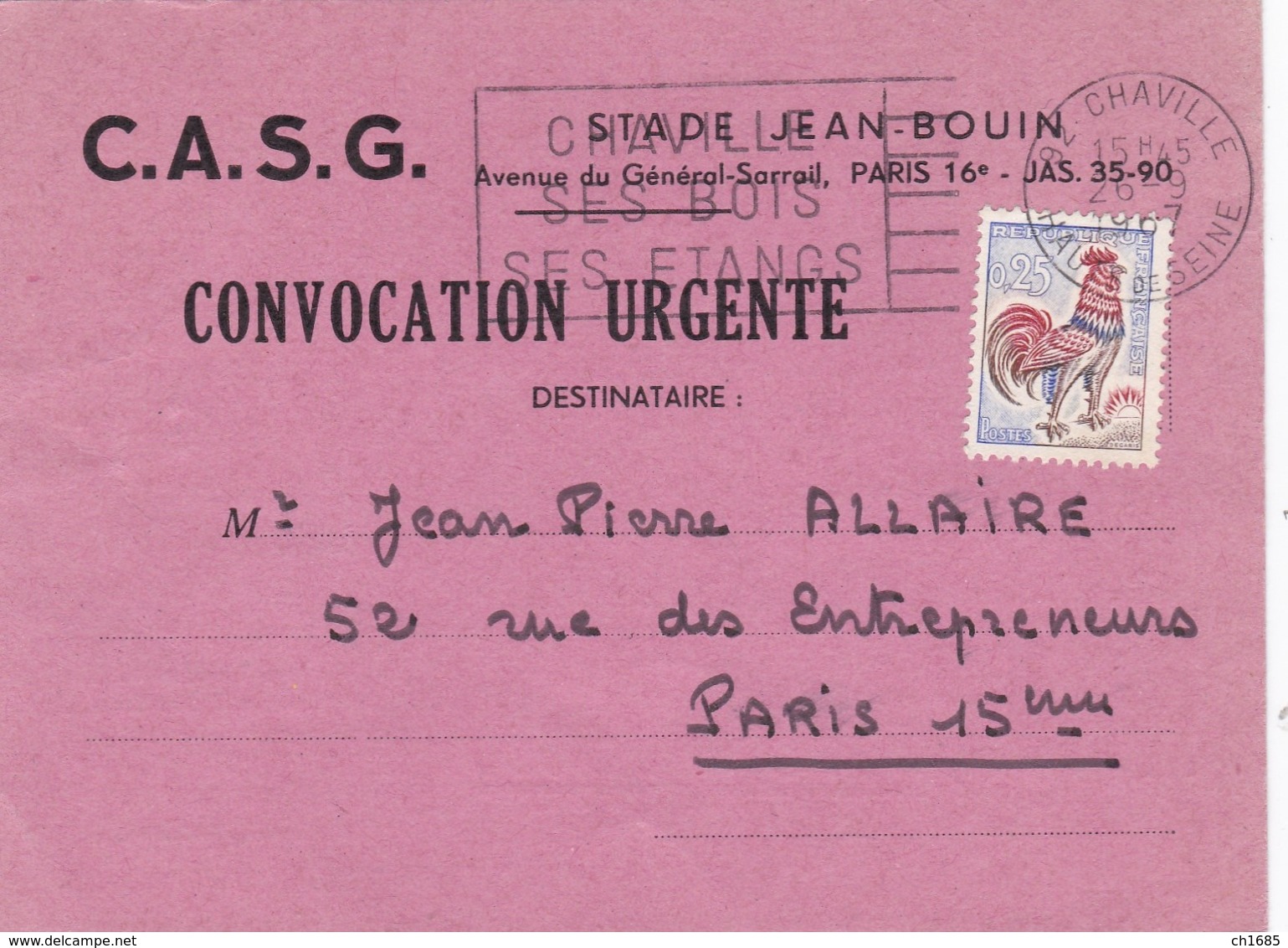 FRANCE  :   Coq 25c Sur Carte De Convocation Au Stade Jean Bouin - 1961-....