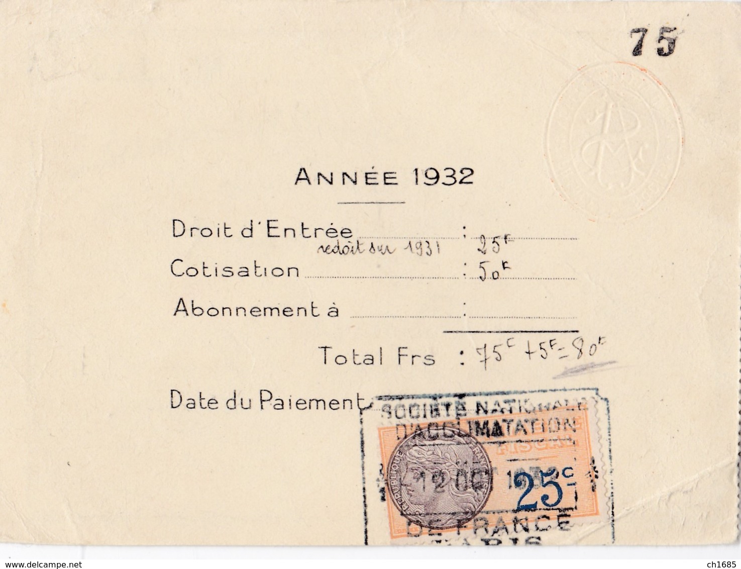 Timbre Fiscal 25 C Sur Carte De Cotisation - Storia Postale