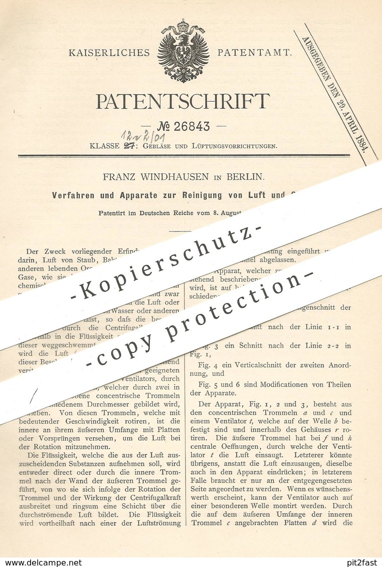 Original Patent - Franz Windhausen , Berlin , 1883 , Reinigung Von Luft Und Gasen | Gas , Gase | Lüftung , Gebläse !! - Historische Dokumente