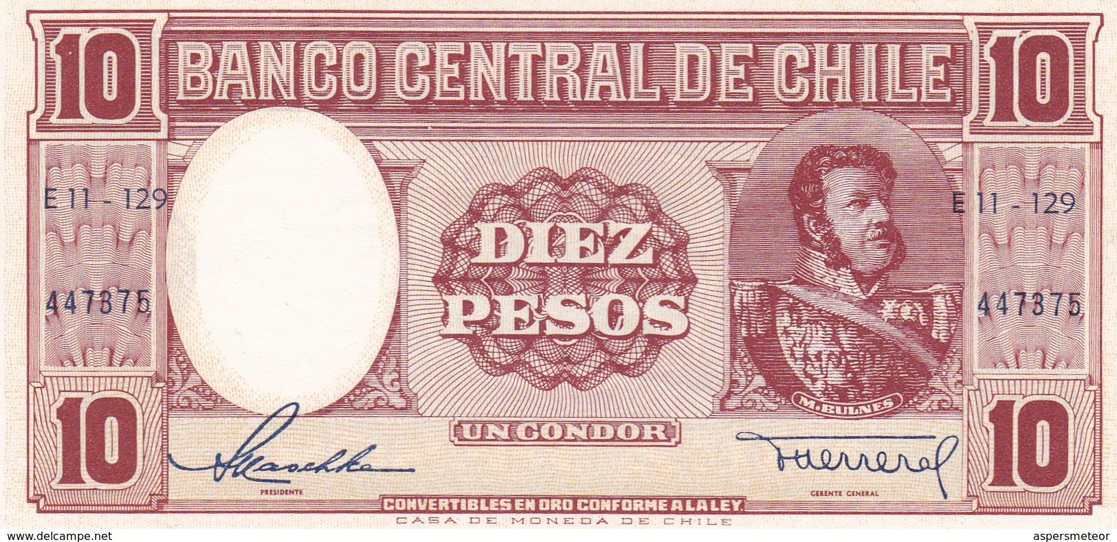 BANCO CENTRAL DE CHILE 10 PESOS UN CONDOR. M BULTES 1958- BLEUP - Chili