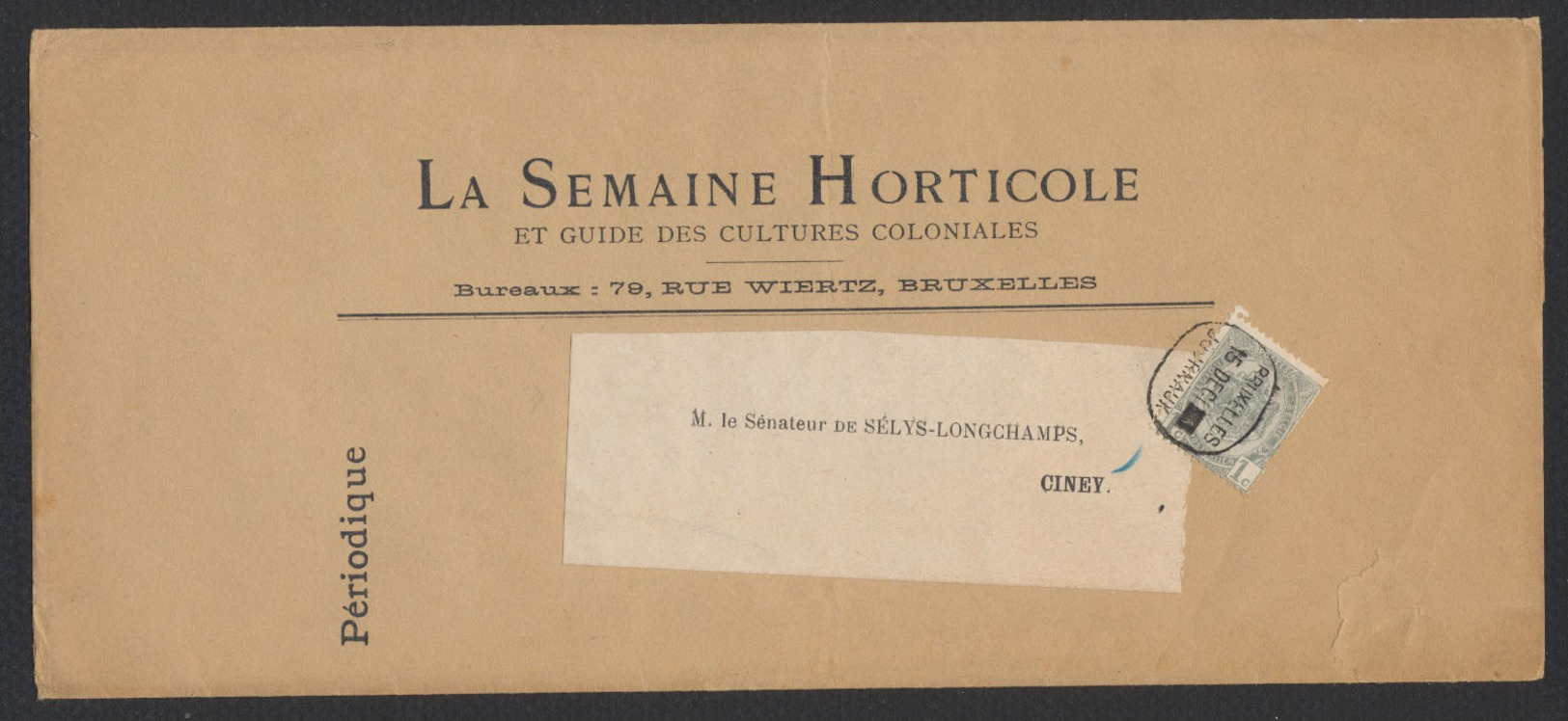 N°53 Sur Grande Bande Imprimée "La Semaine Horticole" + Cachet Journal  "Bruxelles 15/12/X Journaux" Vers Ciney. TB - 1893-1900 Fijne Baard