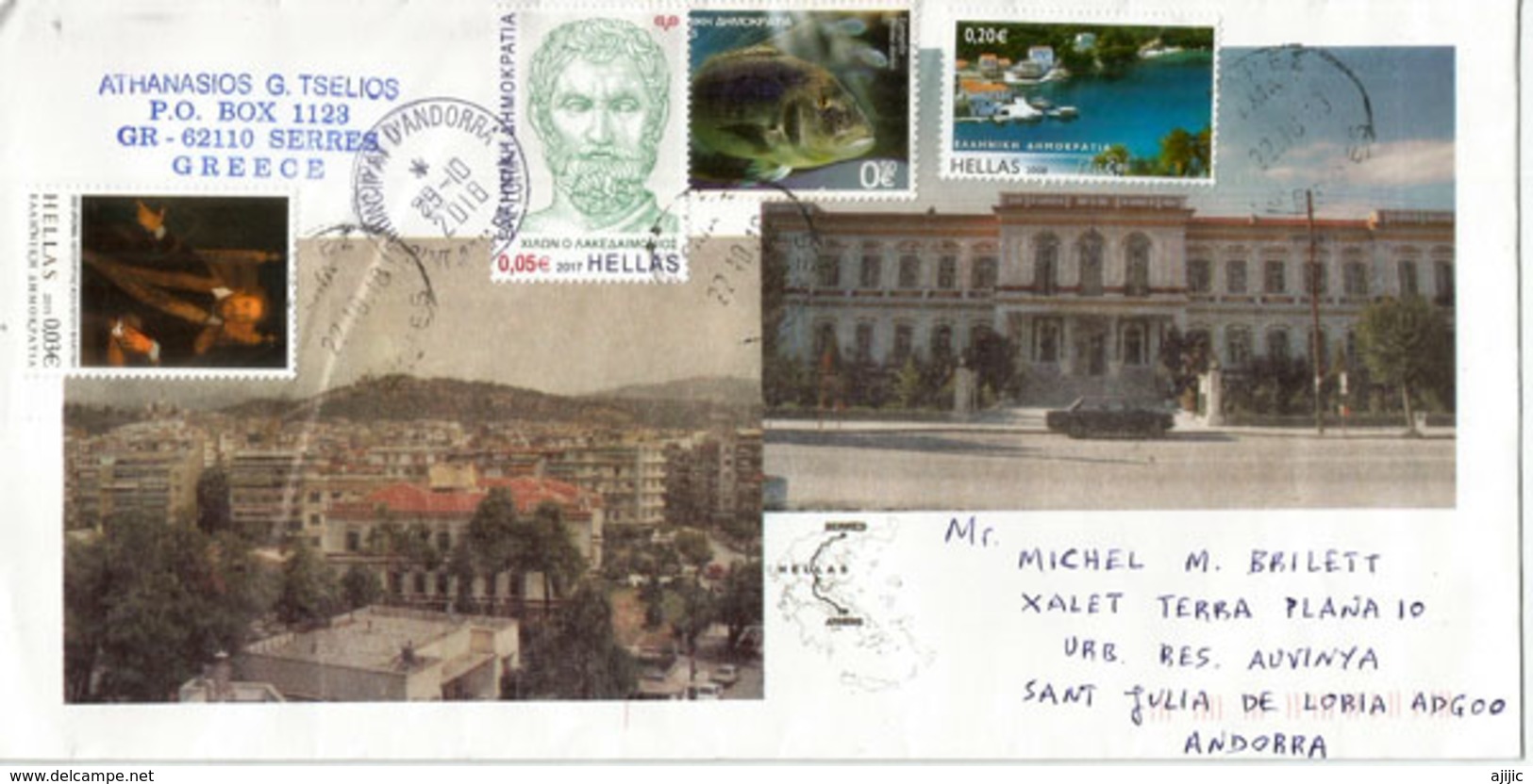 Belle Lettre De Grèce 2018,  Adressée Andorra, Avec Timbre à Date Arrivée - Storia Postale