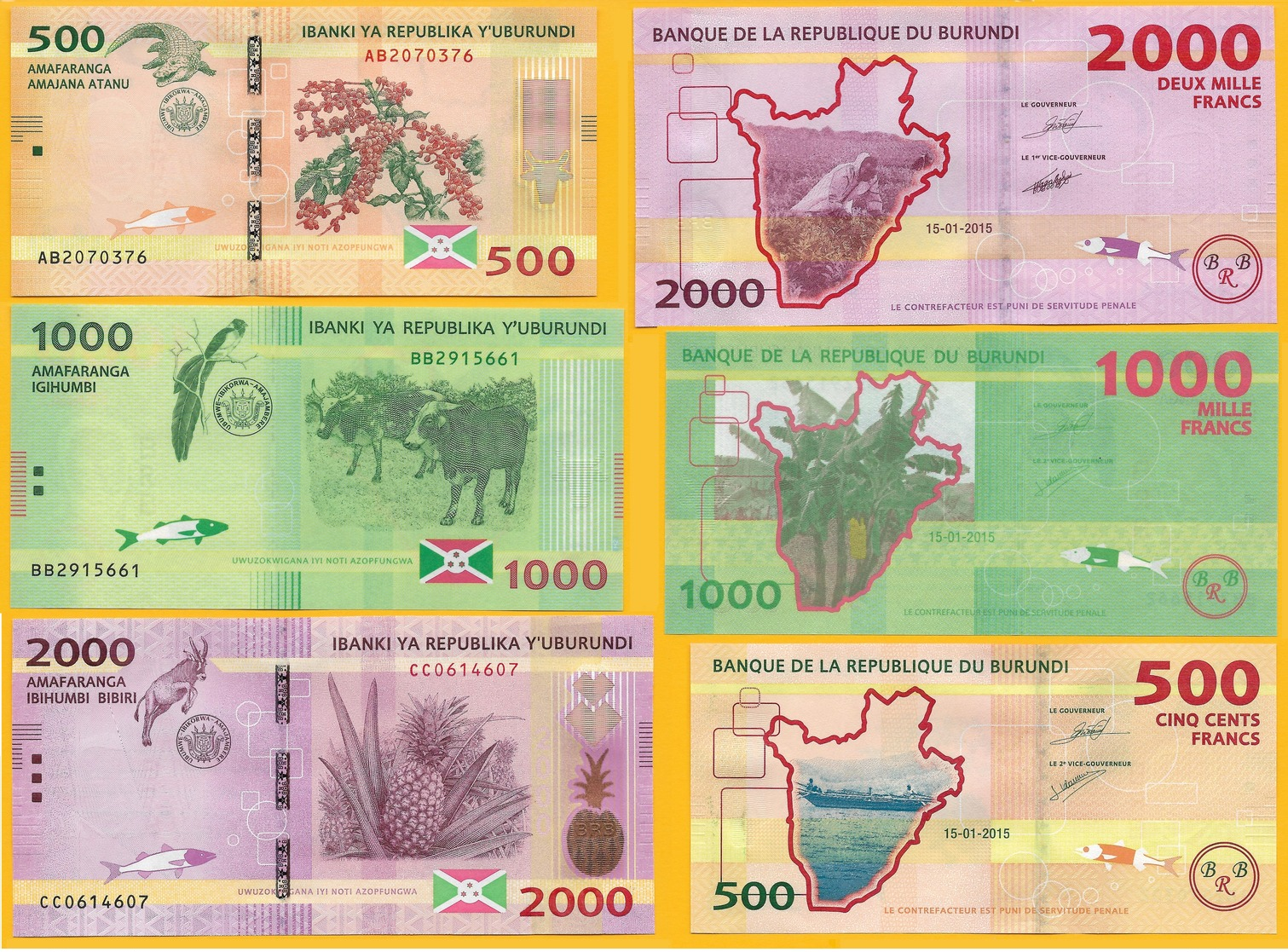 Burundi Set 500, 1000, 2000 Francs P-50, 51, 52 2015 UNC - Burundi