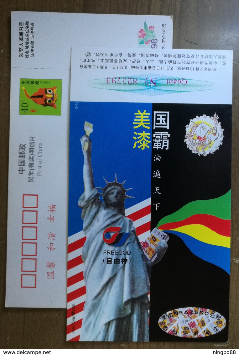 The Statue Of Liberty,Freegod,China 1998 American Deazengo Company Qiba Paint Advertising Pre-stamped Card - Skulpturen