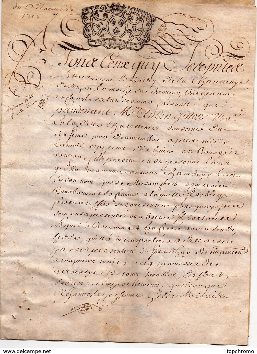 Acte Notarial Manuscrit Sur Parchemin Cachet Généralité Orléans 13 Sols 4 Denier Vouzon Loir Et Cher 4 Pages 1718 - Cachets Généralité