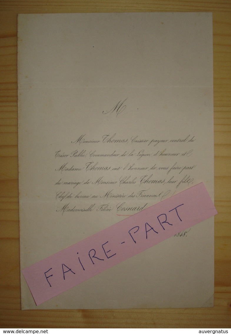 FAIRE-PART MARIAGE 1848 THOMAS # COSNARD Passy Paris * - Mariage