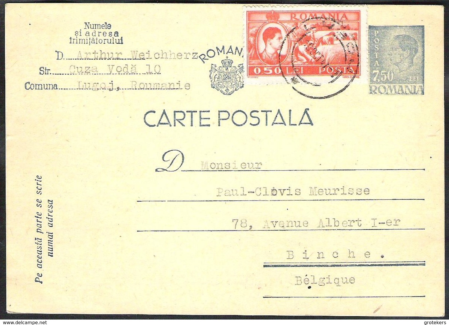 ROMANIA 1947 Postal Stationery Mi. P138 With Additional Stamp From Lugoj To BINCHE (Belgium) - Postwaardestukken