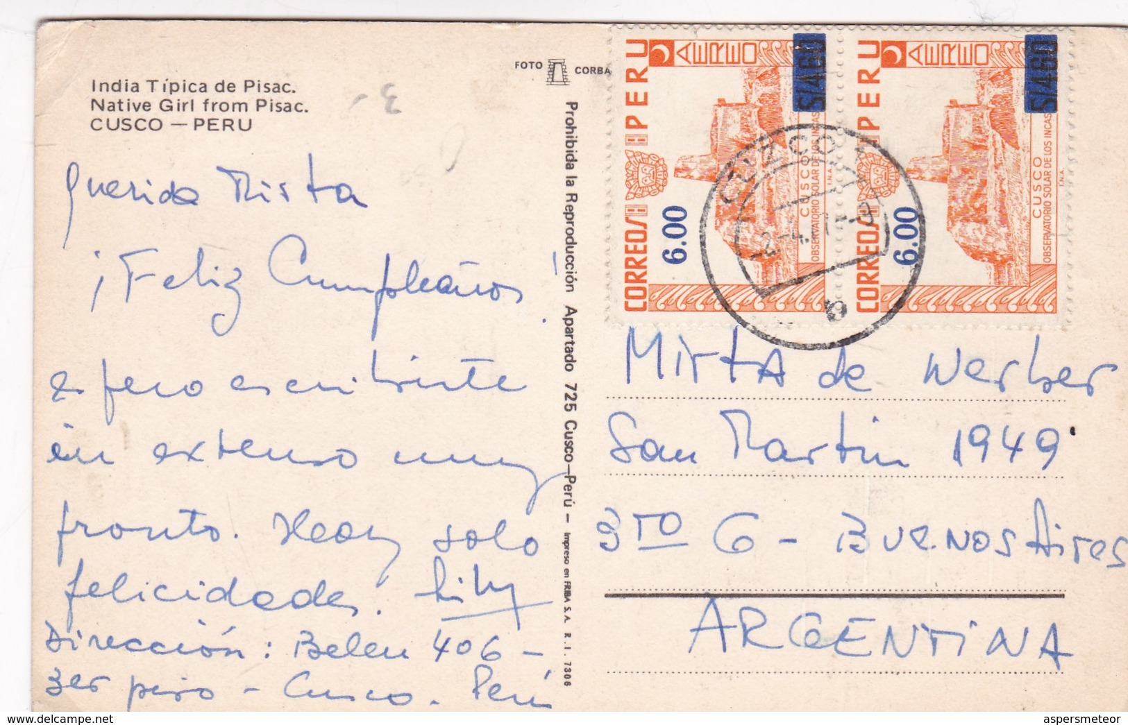 INDIA TIPICA DE PISAC, CUSCO, PERU, CIRCA 1977 CIRCULEE ARGENTINE STAMP A PAIR- BLEUP - Peru