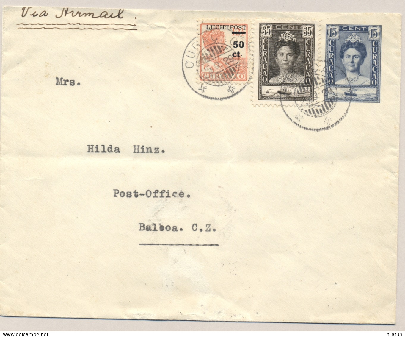 Curacao - 1929 - 15 Cent Wilhelmina, Envelop G26 + 35c + 50c LP, Airmail Van KB Curacao Naar Balboa / Canal Zone - Curaçao, Nederlandse Antillen, Aruba