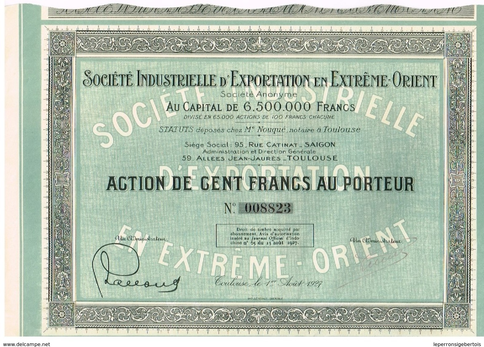 Ancienne Action - Société Industrielle D'Exportation En Extrême Orient - Titre De 1927 - N°008823 - Azië