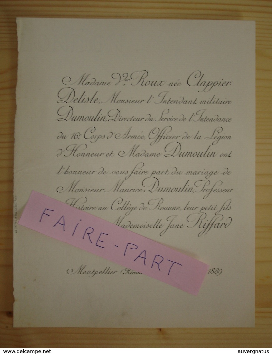 FAIRE-PART MARIAGE 1889 DUMOULIN # RIFFARD CLAPPIER-DELISLE Montpellier Roanne * - Wedding