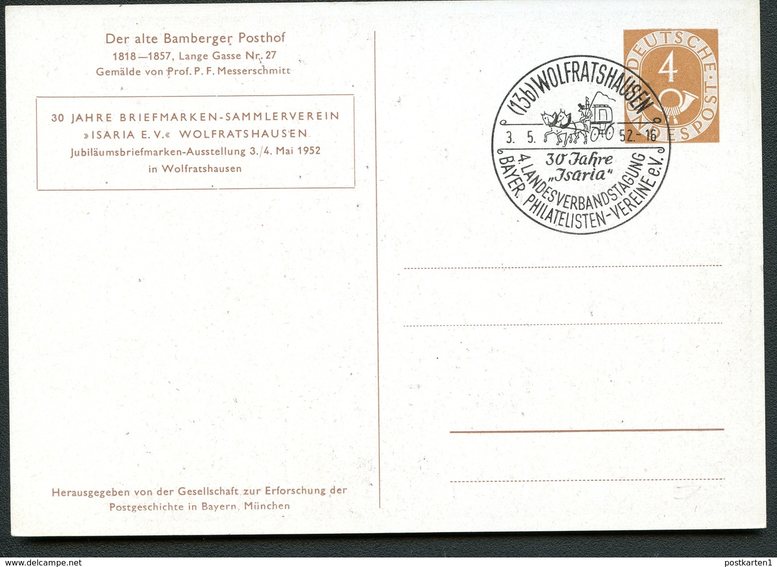 Bund PP2 D2/008  BAMBERGER POSTHOF Sost. Wolfratshausen 1952  NGK 40,00€ - Postales Privados - Usados